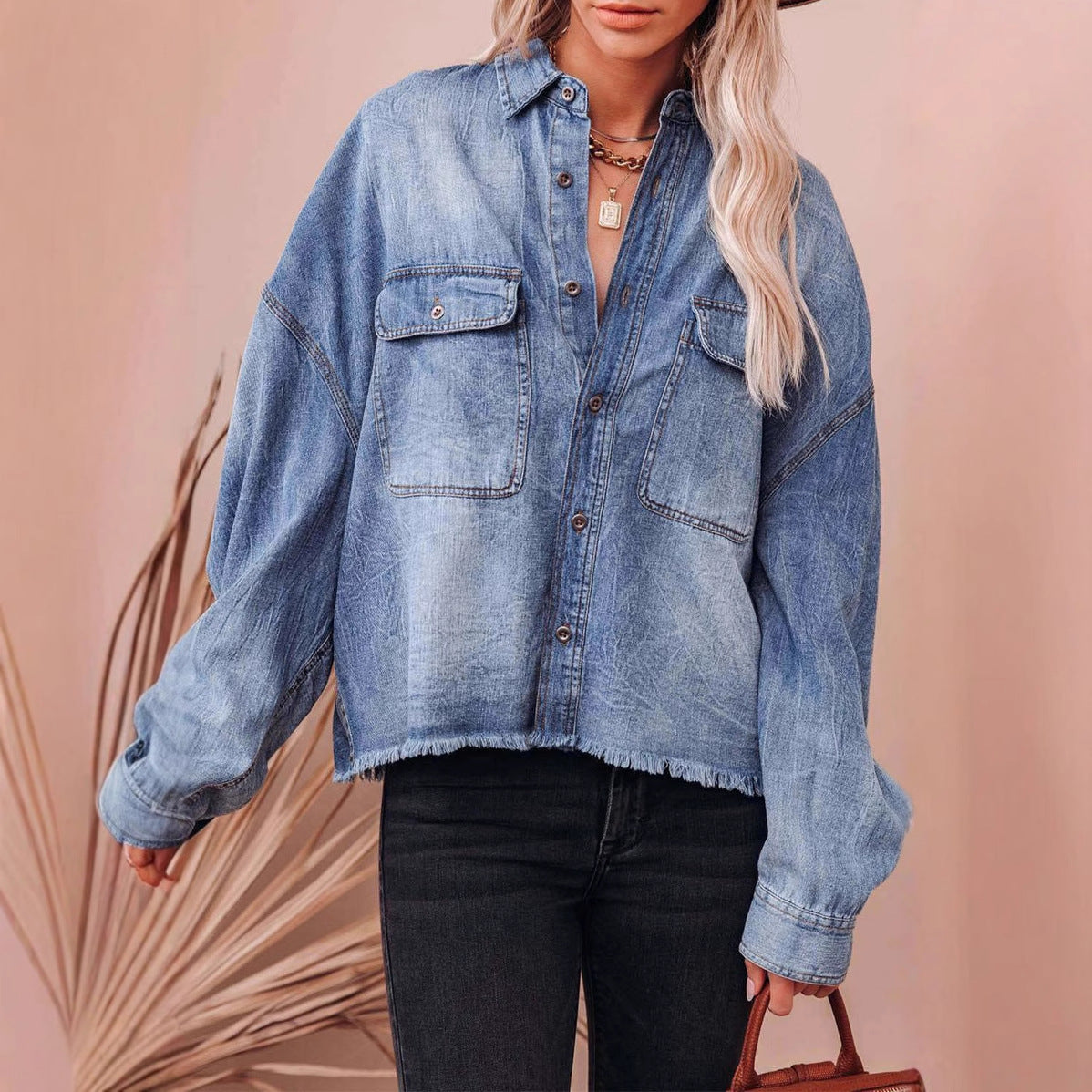 Dame Denim Skjortejakke med afslappet snit og påsyede lommer Stilla