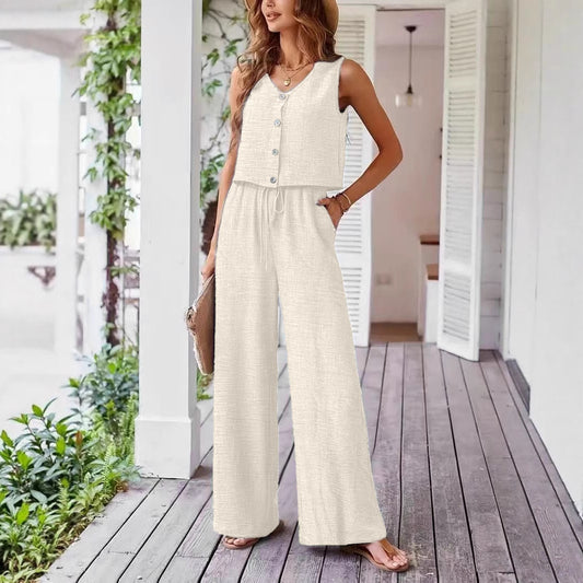 Dame leger jumpsuit med knaplukning og bredt ben Stilla