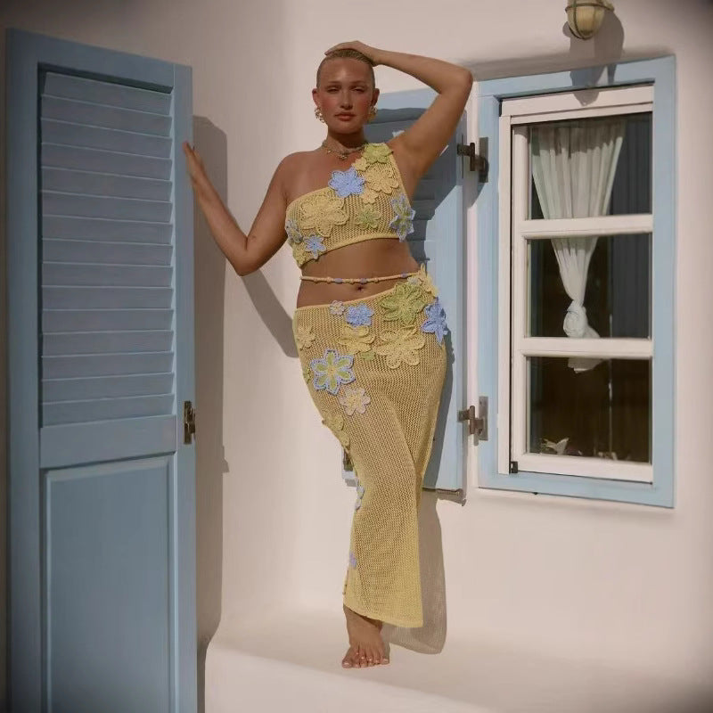 Dame Crop-Top og Maxiskirts sæt med florale hækleapplikationer Stilla