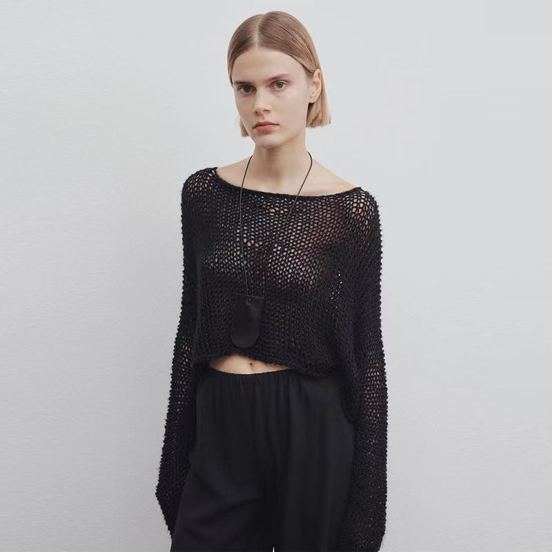 Dame afslappet Crop-Trøje lavet af let strik med brede ærmer Stilla