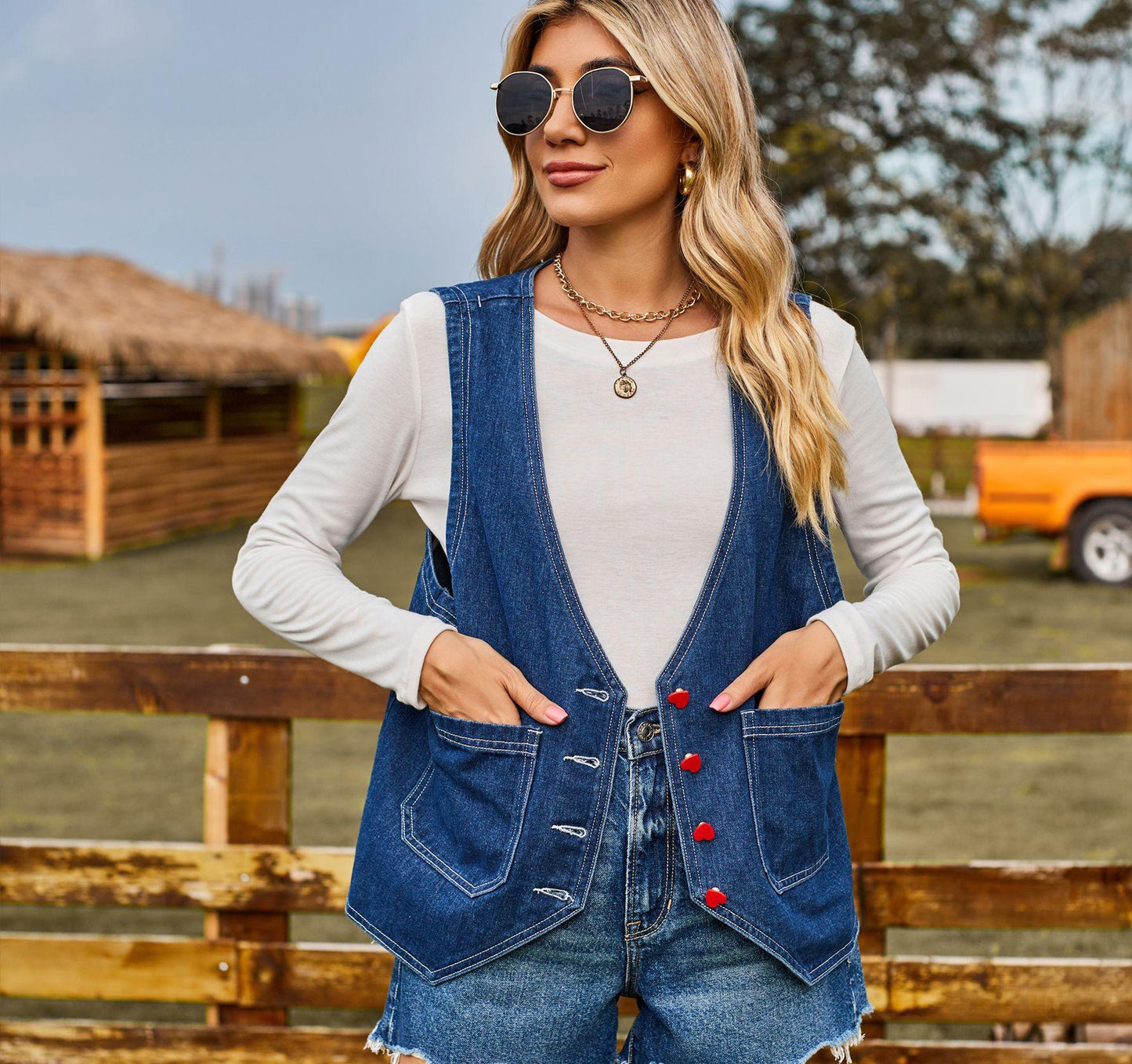 Dame afslappet denimvest med praktiske lommer og farvemæssigt kontrasterende knapdetaljer Stilla