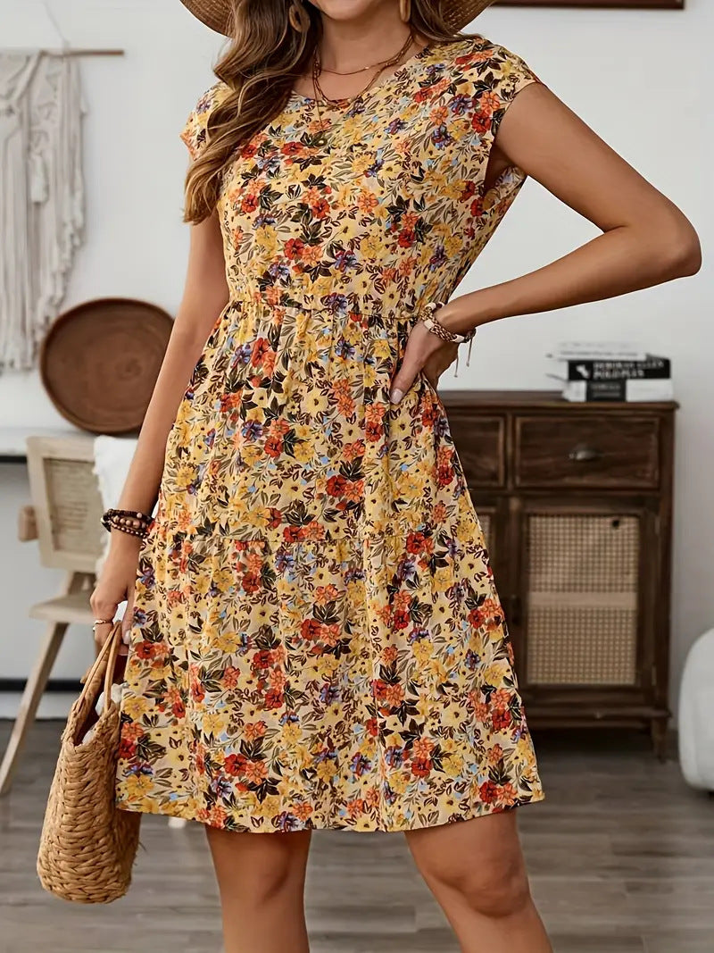 Dame afslappet blomsterkjole med vidde skørt og rund halsudskæring Stilla