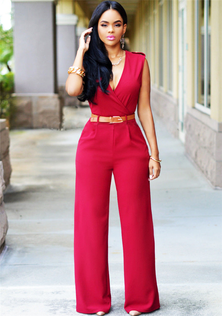 Dame Elegant jumpsuit med dyb V-hals og brede ben Stilla