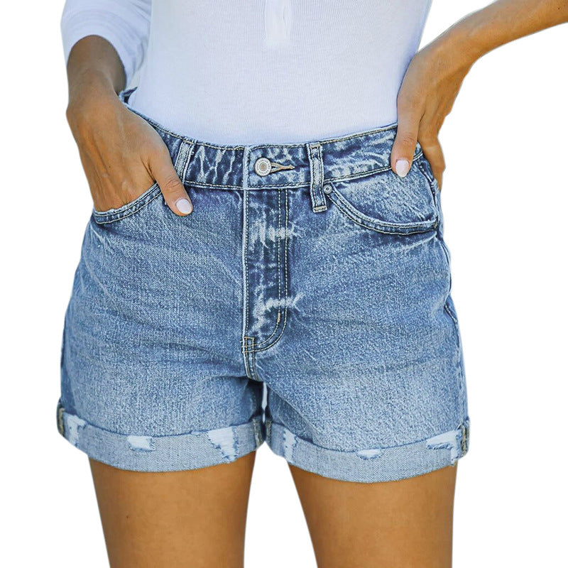 Dame denim-shorts med høj talje og frynset kant Stilla