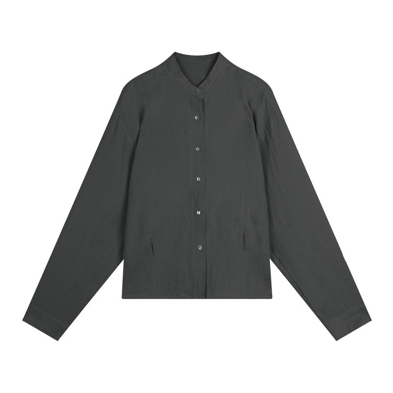 Dame afslappet langærmet skjorte med knapdetaljer og mandarin-krave Stilla