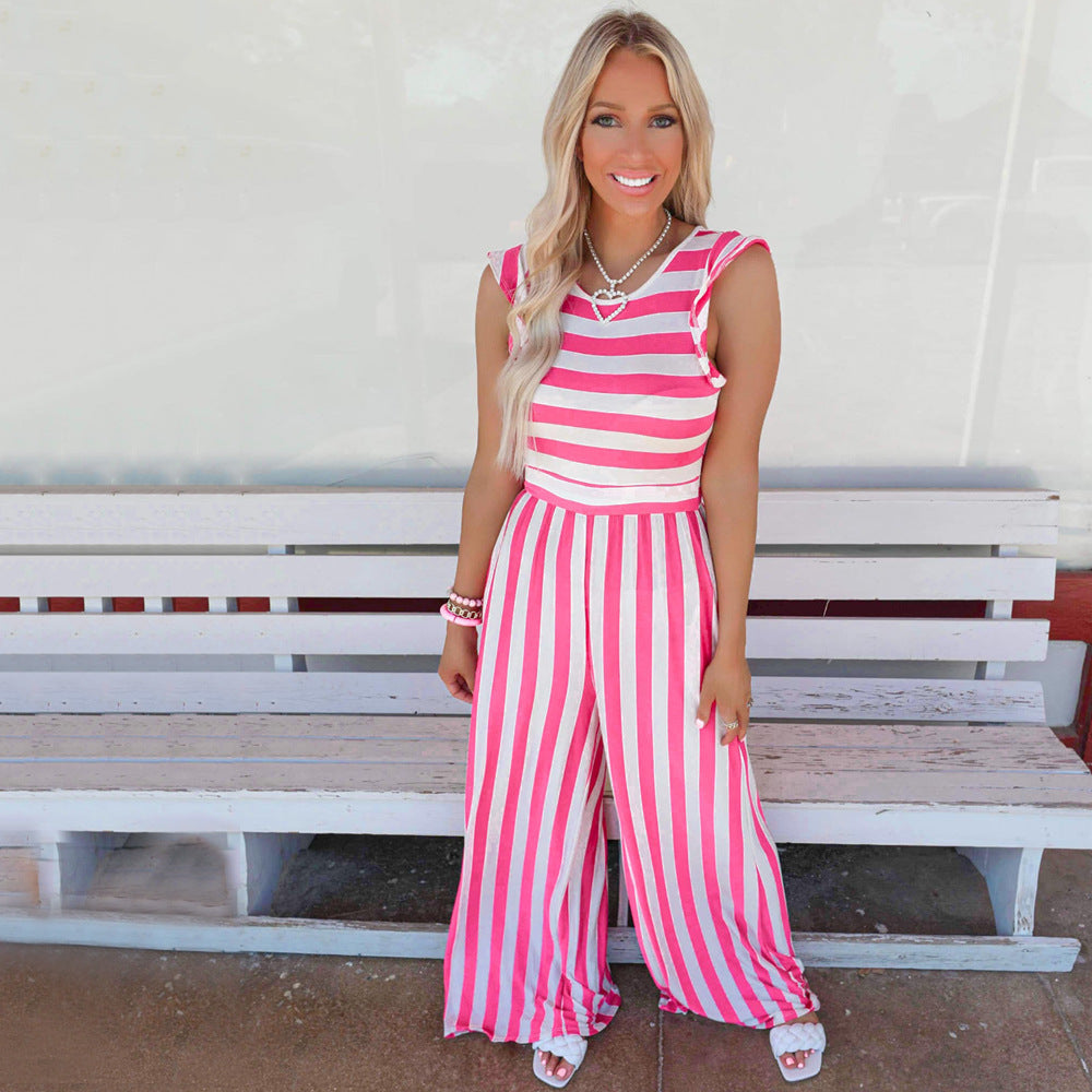Dame jumpsuit med rynkede ærmer og stribet design Stilla