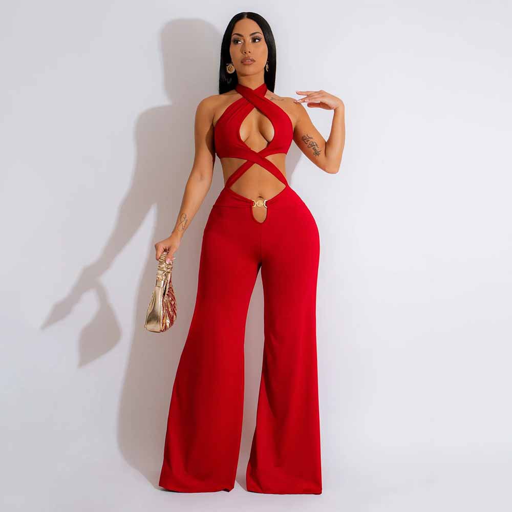 Dame Cut-Out Jumpsuit med elegant halsdesign og bredt ben Stilla
