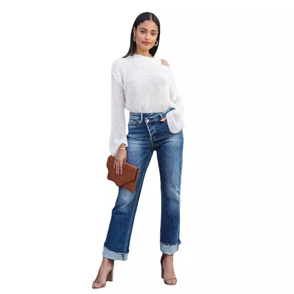 Dame High-Waist Jeans med afslappet Wide-Leg-snit og frynset ender Stilla