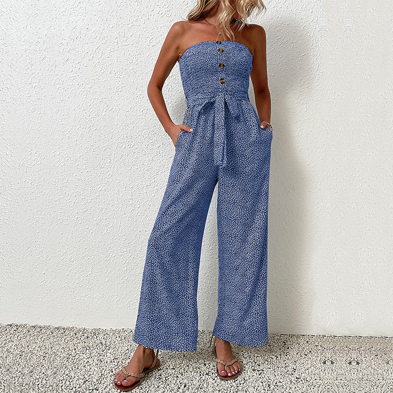 Dame Strapless Bredbenet Jumpsuit med Knapdetaljer Stilla