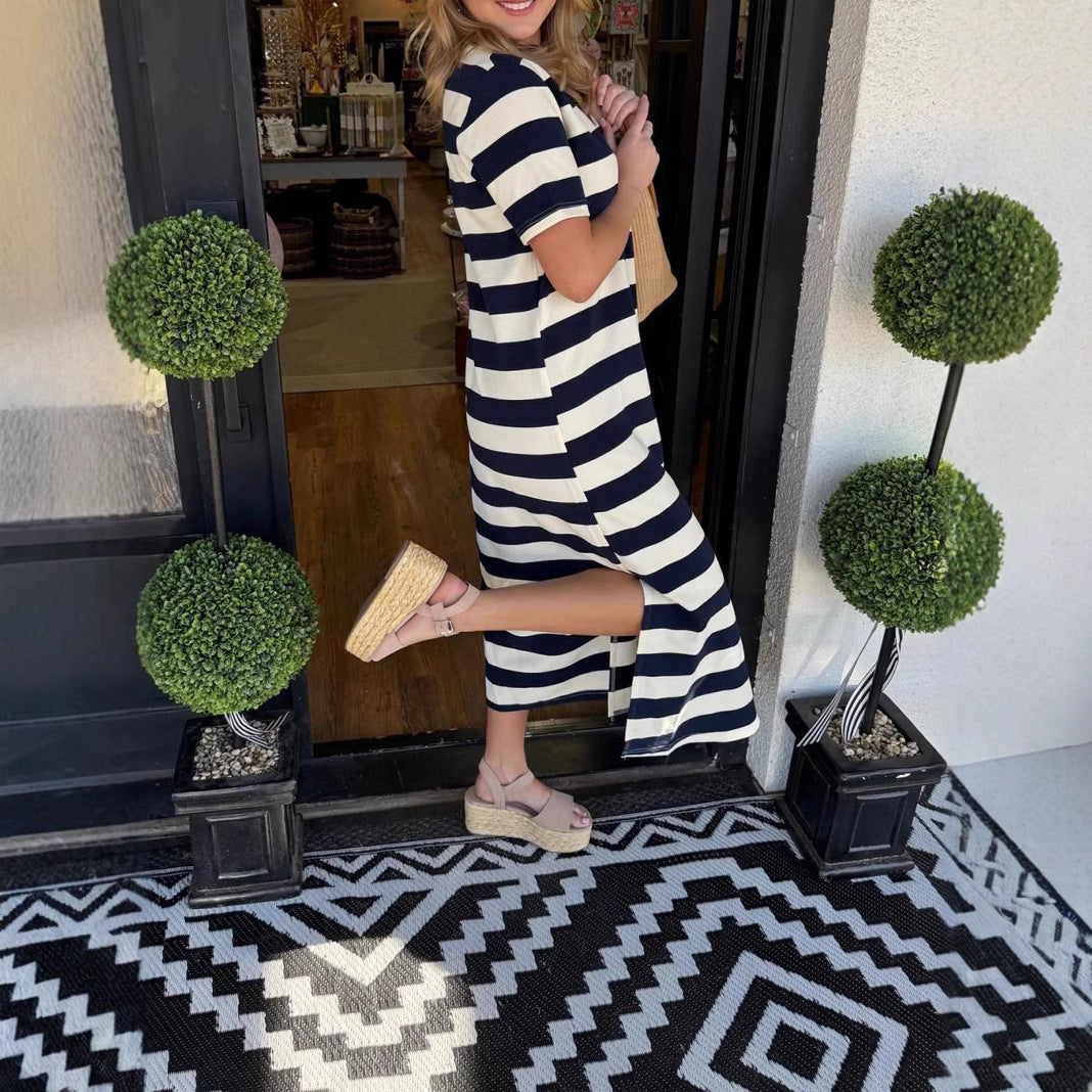 Dame afslappet maxikjole lavet af blød flydende bomuldsstof med stribemønster Stilla