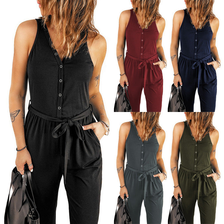 Damer afslappet jumpsuit med knapper og elastisk bånd Stilla