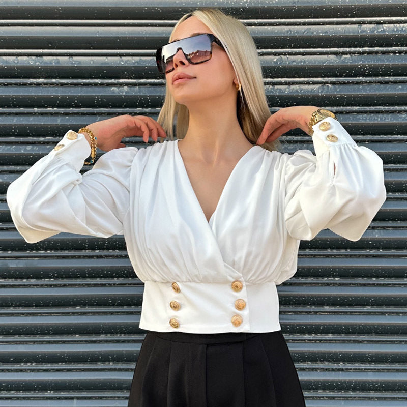 Dame Elegant Bluse med Puffærmer og Knapdetaljer Stilla
