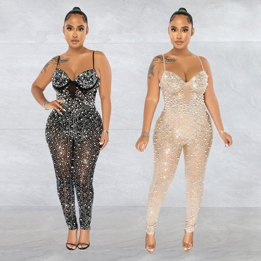 Dame Couture Jumpsuit med strassdekorationer og transparente indsatser Stilla