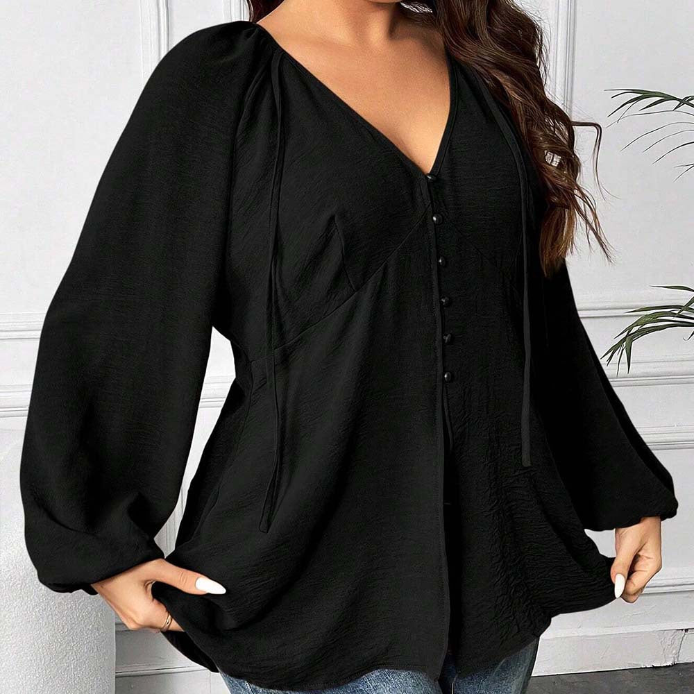 Dame elegant bluse med V-udskæring og dekorative knapdetaljer Stilla