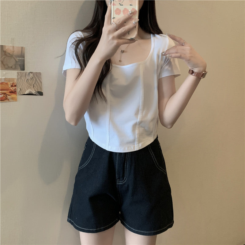 Dame Cropped Fyrkantet Uddybning T-Shirt Stilla