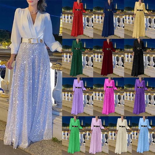Dame Funklende Aftenkjole med elegant Overdel og glitrende Bunde Stilla