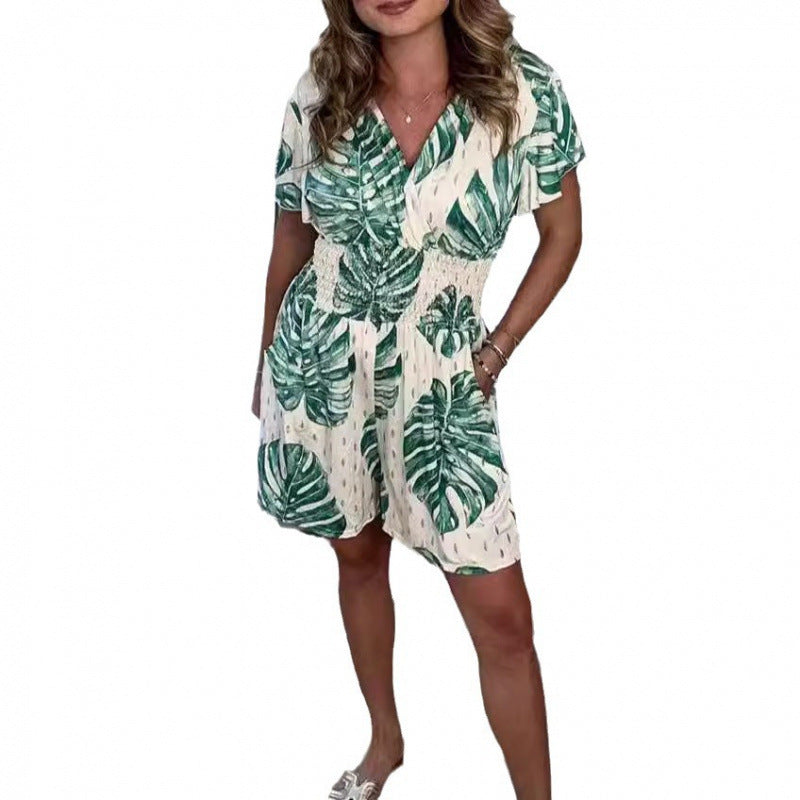 Dame luftig jumpsuit med blomsterdesign og elastisk talje Stilla