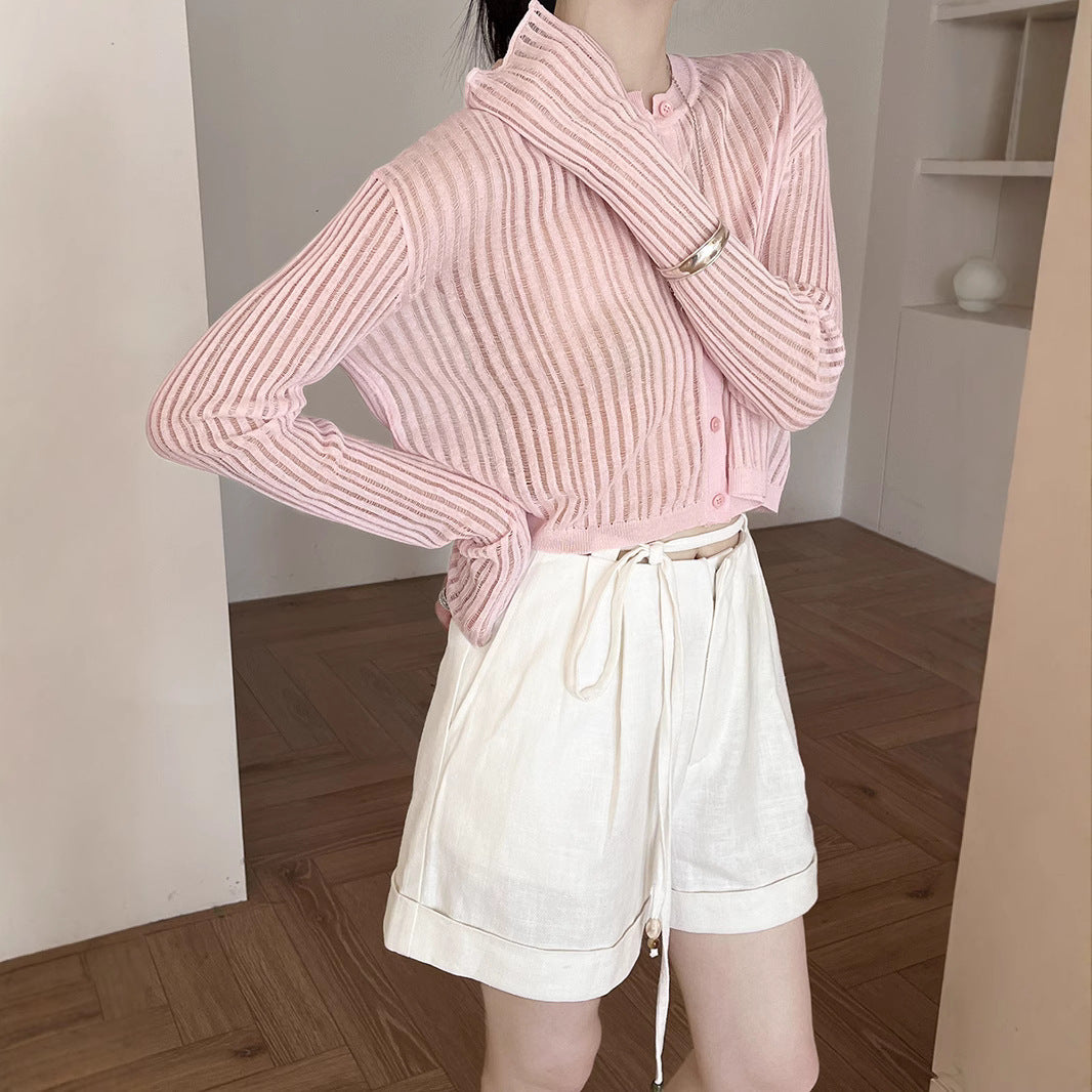 Dame Cropped Longsleeve med fin stribestruktur og elegant krave Stilla