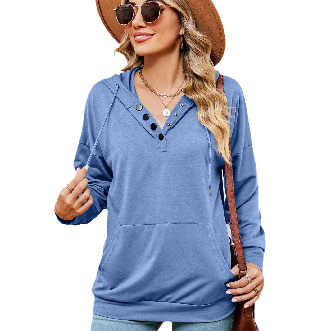 Dame afslappet hoodie med knapdetalje og kængurulomme Stilla