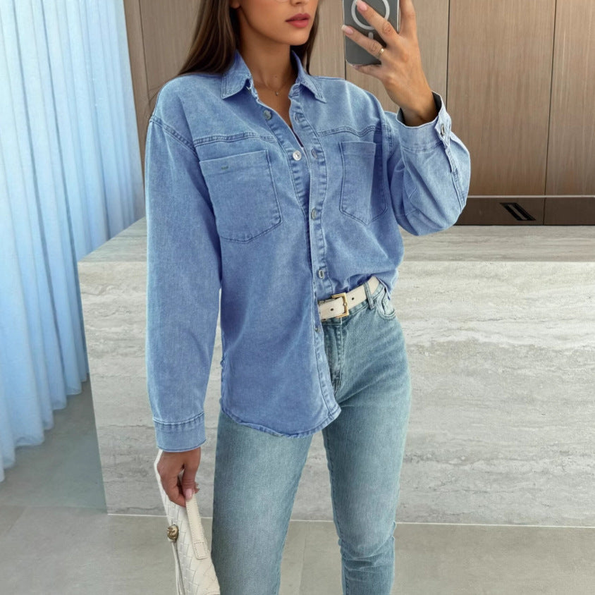 Dame afslappet denimbluse i oversized stil med lommer Stilla