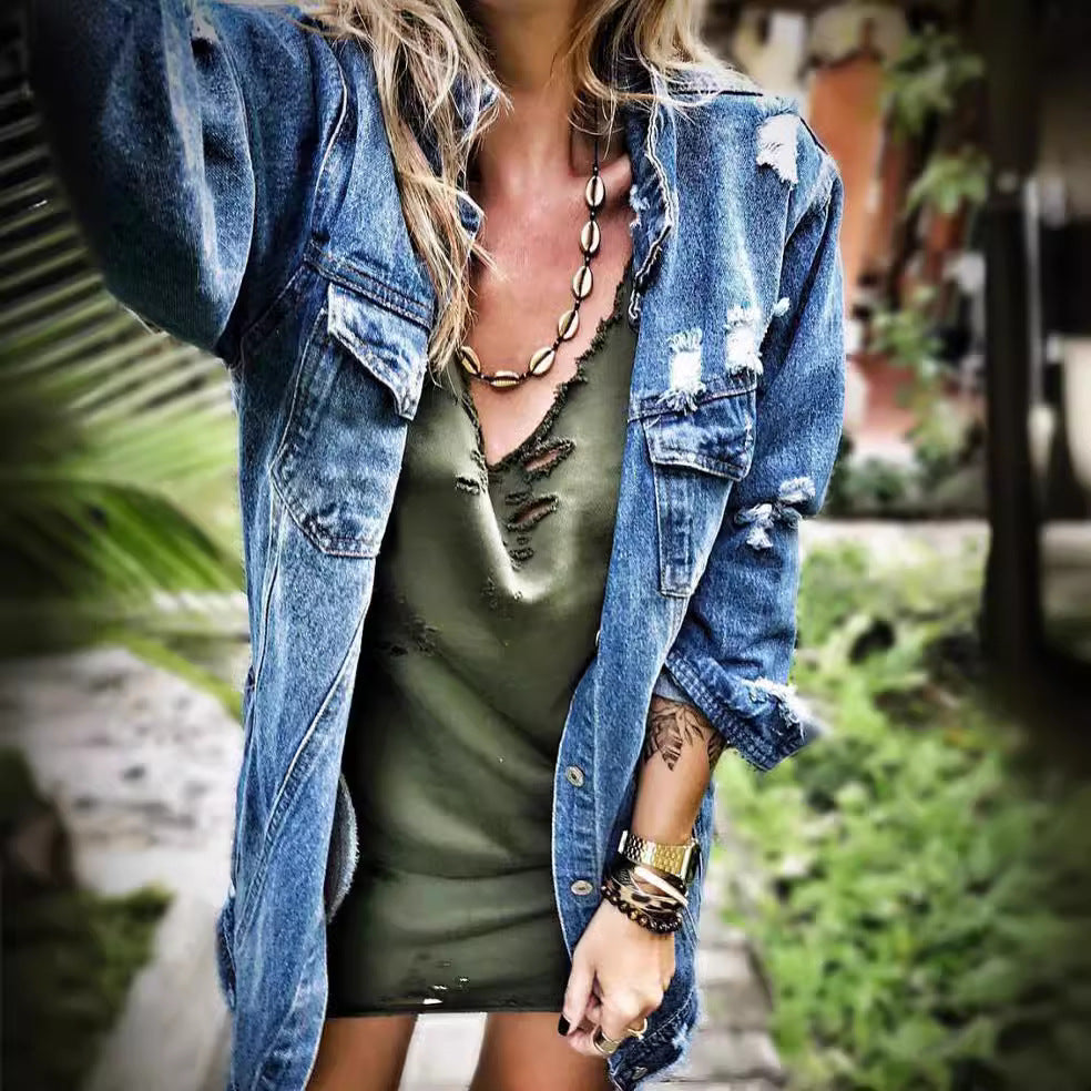 Dame Denim Overshirt med vintage-detaljer og distressed effekter Stilla