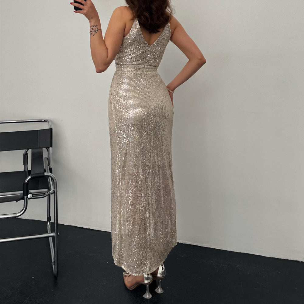 Dame Elegant Funktionskjole med skinnende paljettstof og dyb V-udskæring Stilla