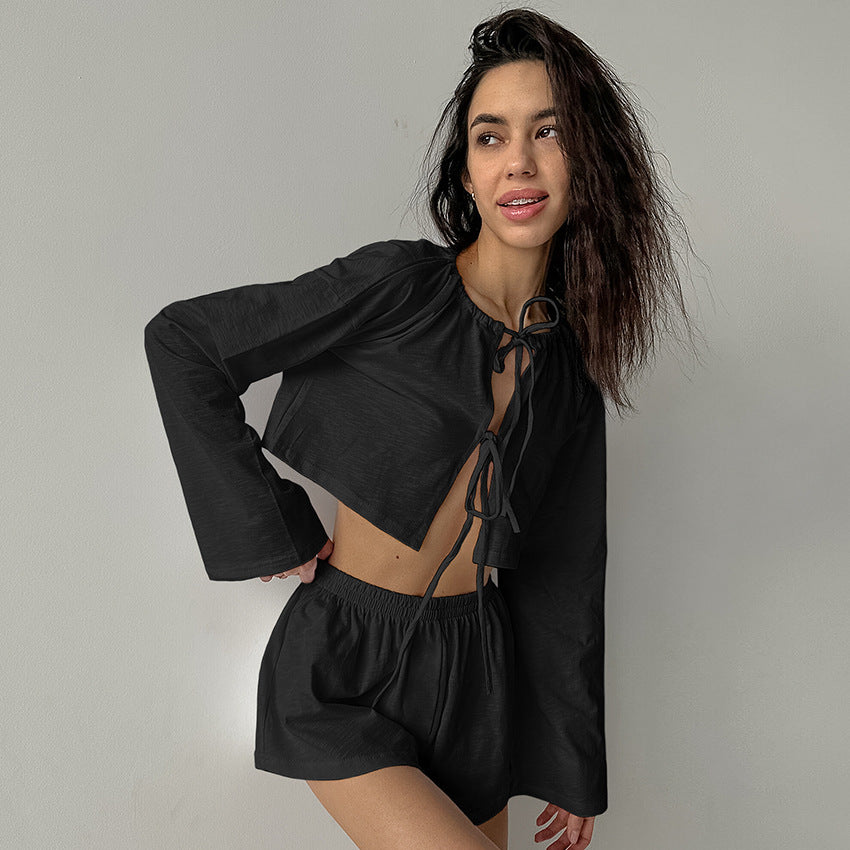 Dame afslappet cropped top med snørring og brede ærmer Stilla