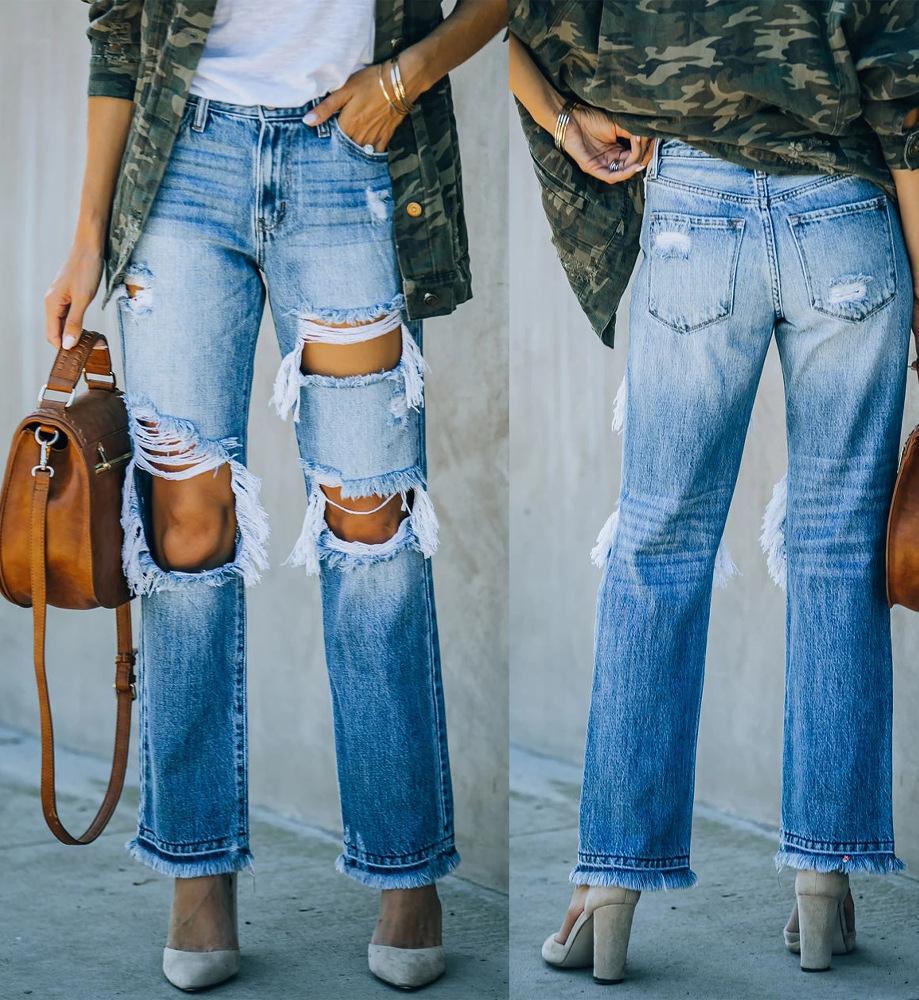Dame Destroyed Jeans i afslappet Boyfriend-snit med frynse-detaljer Stilla