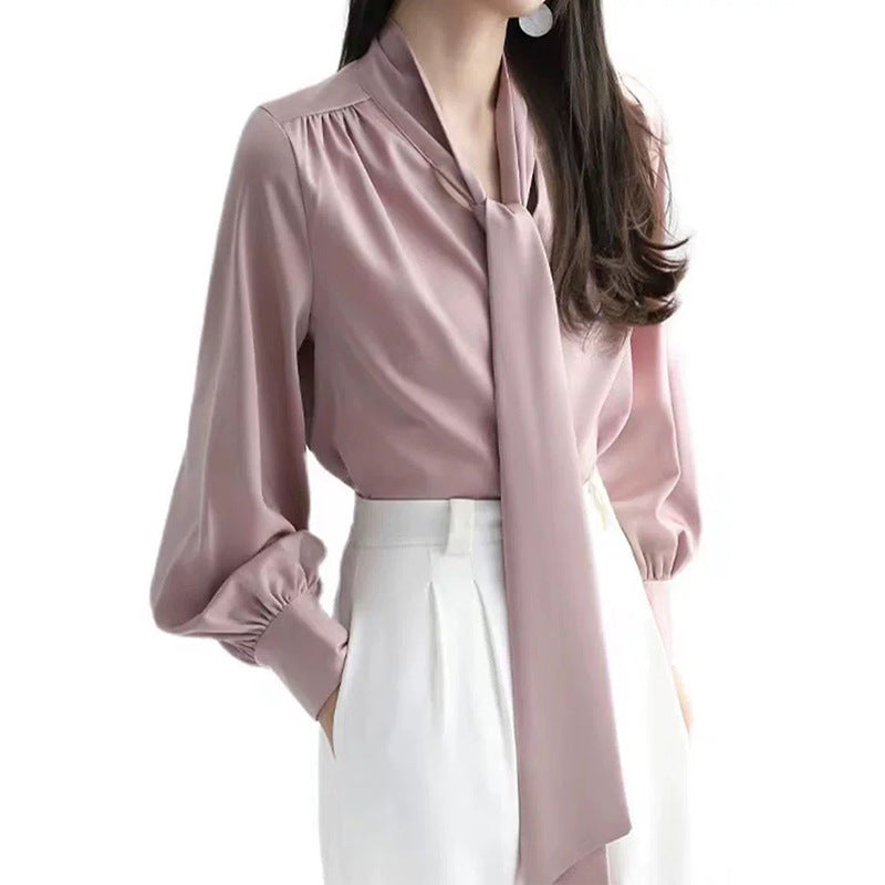 Dame elegant Bluse med sløjfe krave og puffærmer Stilla