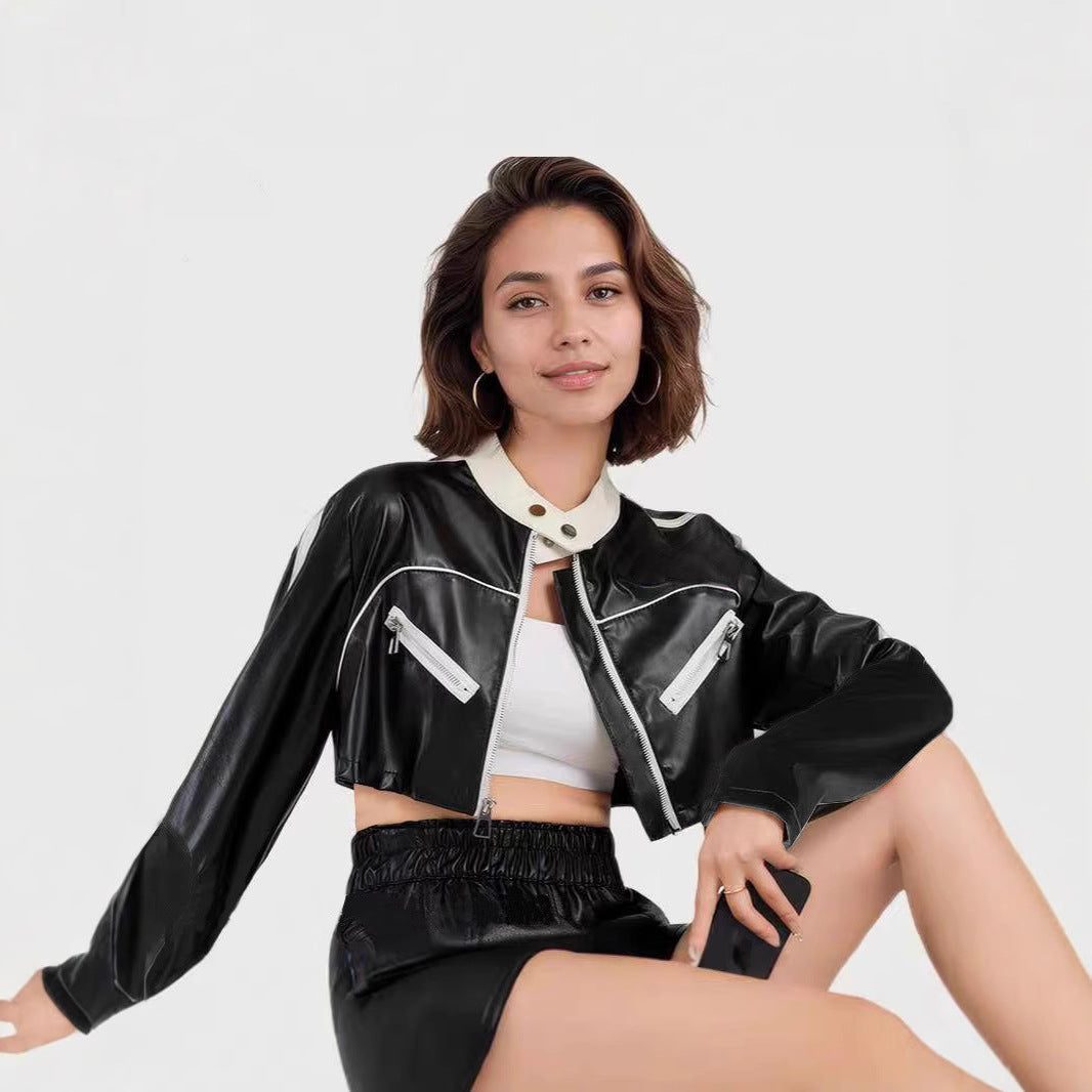 Dame cropped kunstlæderjakke med kontrasterende krave og lynlåslommer Stilla