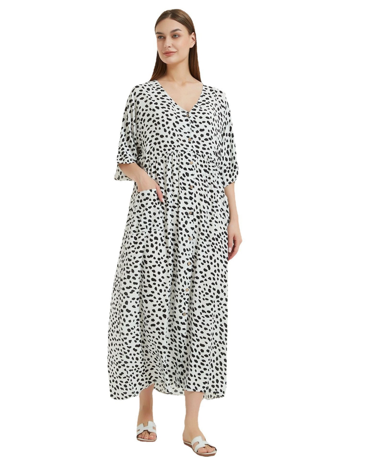 Dame afslappet maxikjole med dyb V-hals og sidelommer Stilla