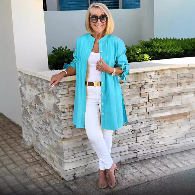 Dame afslappet lang jakke med opretstående krave og praktiske lommer Stilla