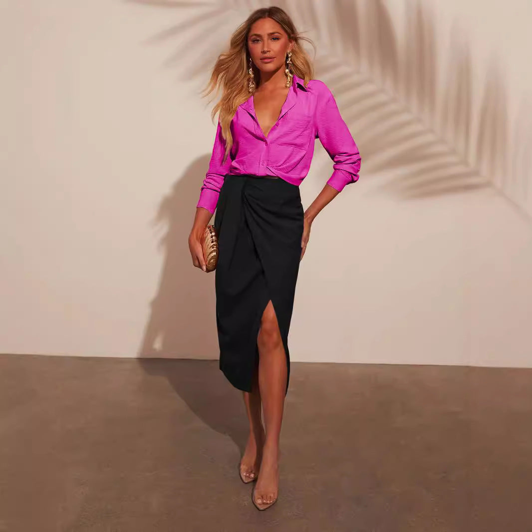 Dame afslappet bluse med dyb V-udskæring og struktureret stof Stilla