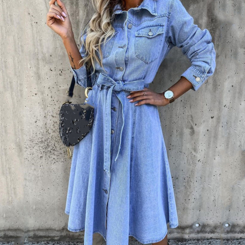 Dame Denim Midi Skjortekjole med Taljebælte Stilla