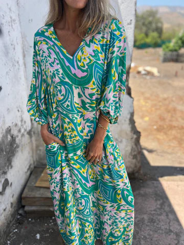Stilla | Elegant Kvinders Forår Sommer Print V-Hals Kjole
