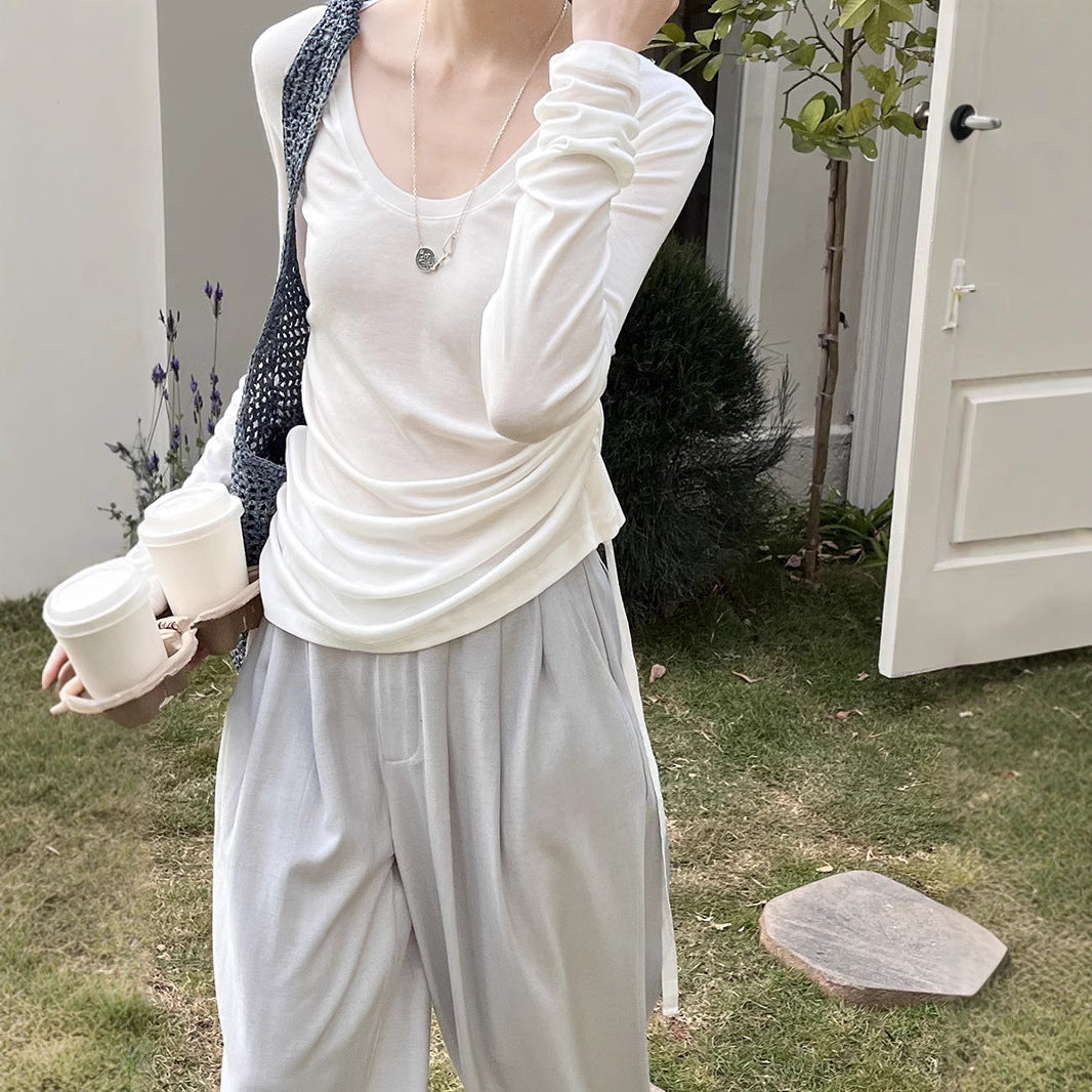 Dame afslappet langærmet bluse med rynker og bindebånd Stilla