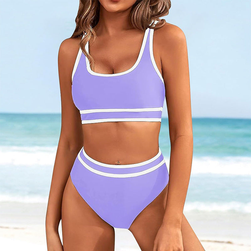 Dame Højtaljede Bikini-Sæt med sportslig Crop-Top og kontrasterende Ærmelydetails Stilla
