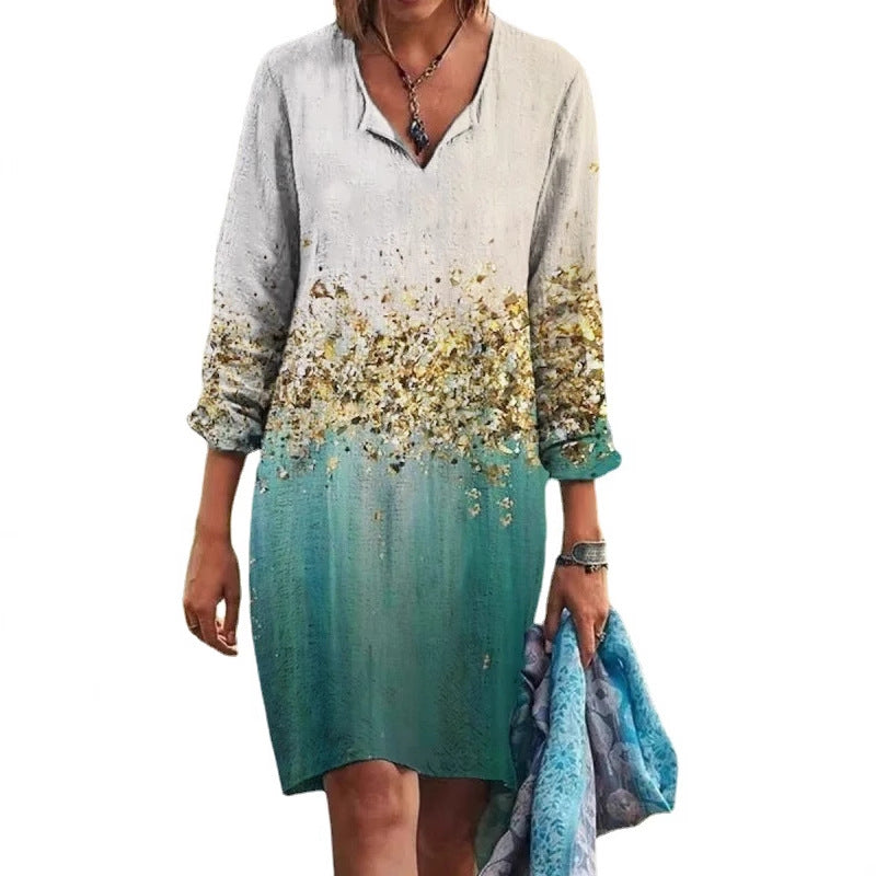 Dame afslappet langærmet kjole med dyb V-udskæring og unik farvegradient Stilla