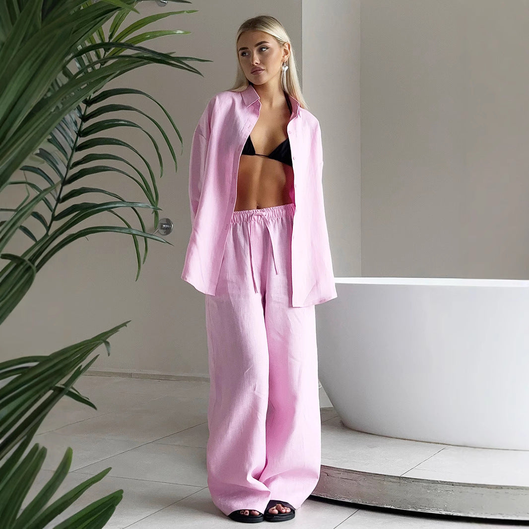 Dame afslappet linnedragt med brede bukser og oversized skjorte Stilla