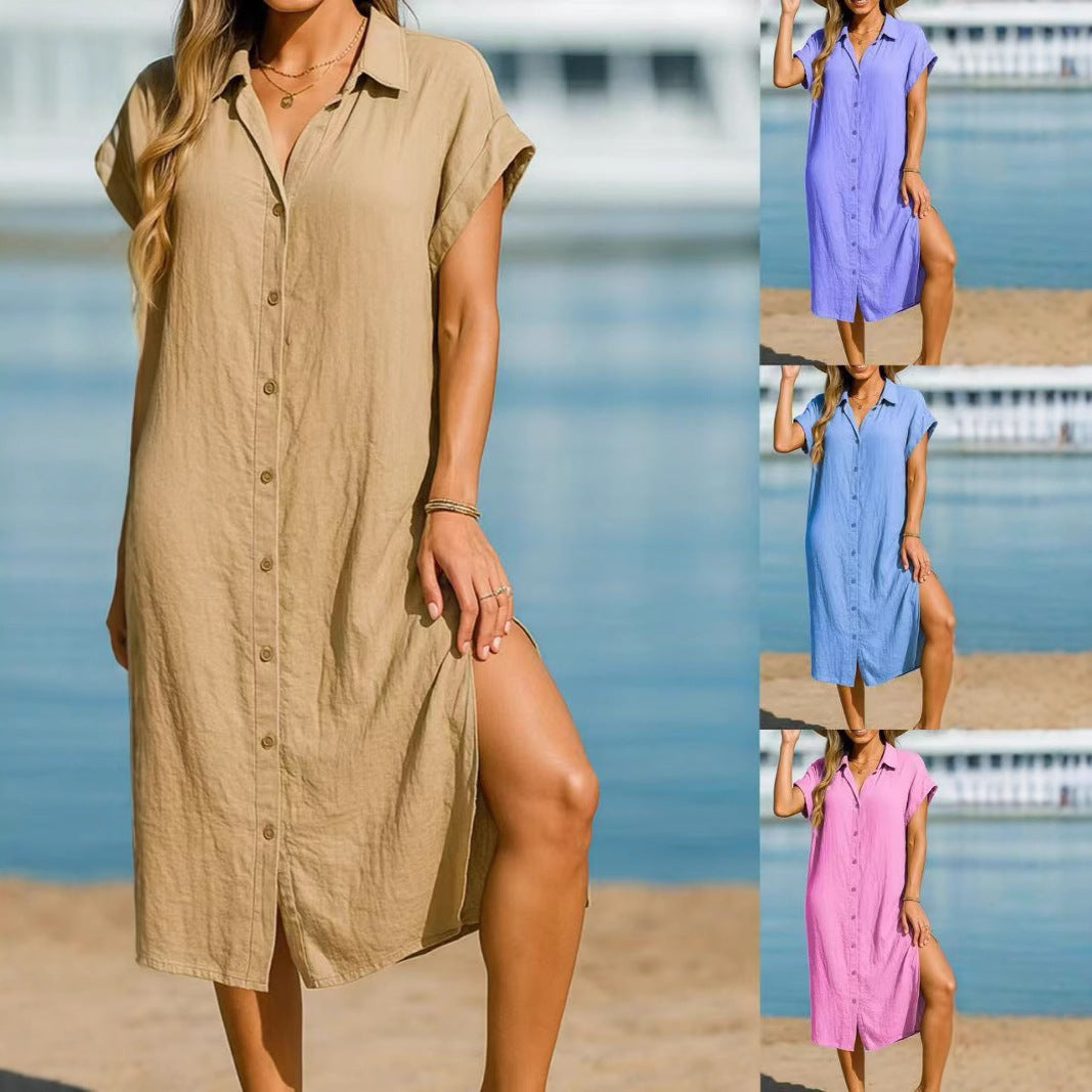 Dame afslappet skjortekjole med knapbar udskæring og praktisk slidse Stilla