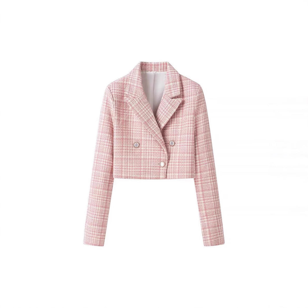 Dame cropped blazerjakke med ternet mønster Stilla