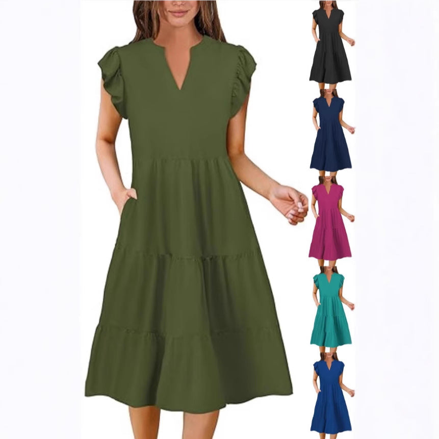 Dame afslappet flæsekjole med lomme og V-udskæring Stilla