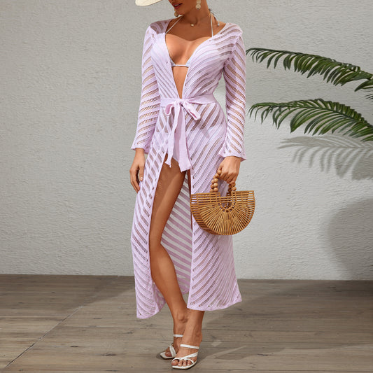 Dame Elegant Gennemsigtig Stribet Strand Overgangsfrakke Stilla