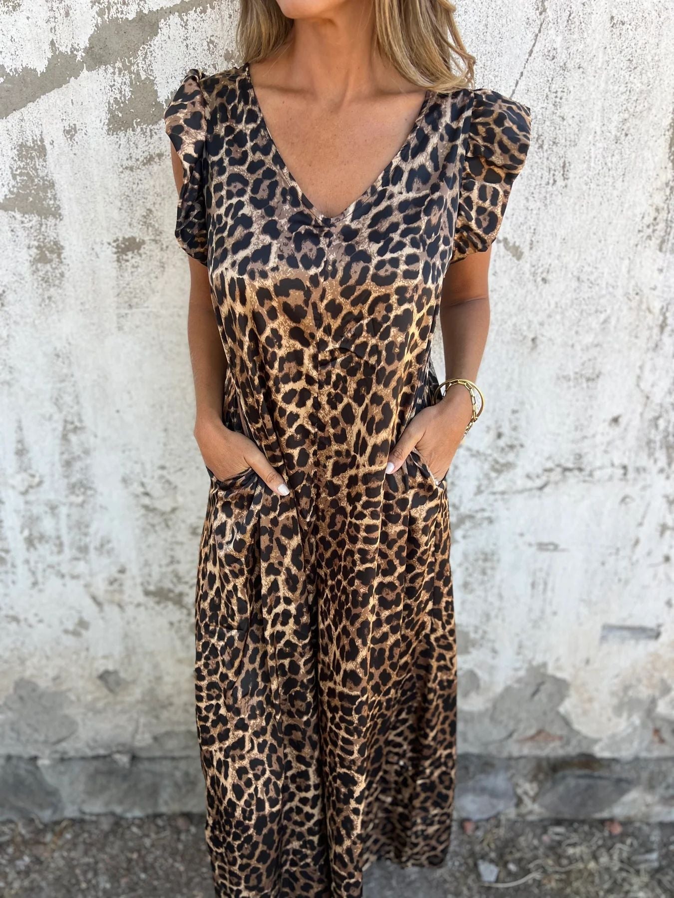 Stilla | Trendy Kvinder Forår Leopard Print Flutter Ærme Jumpsuit