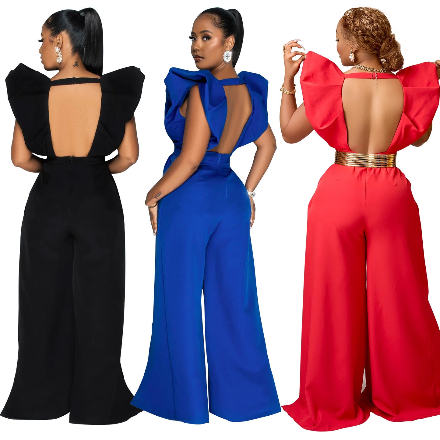 Dame Elegant Jumpsuit med Flæseærmer og dyb Udsnit Stilla