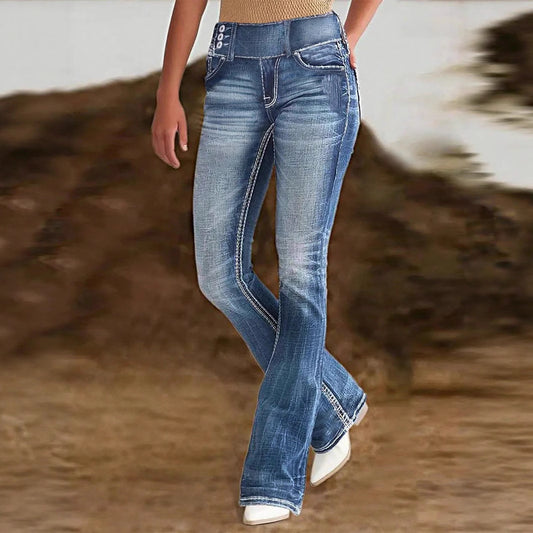 Dame Bootcut Jeans med høj talje og dekorative knapdetaljer Stilla