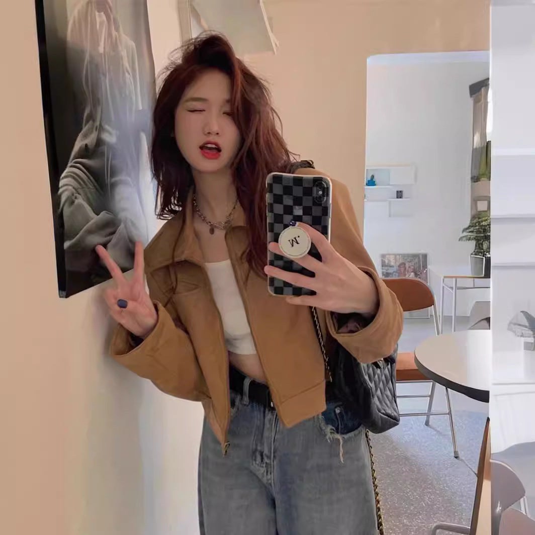 Dame Cropped Kunstlæderjakke med stilfuld flaplomme Stilla