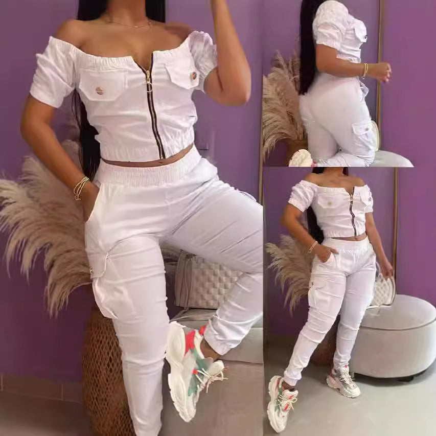 Dame Crop-Top og Cargo-Bukser Sæt med off-shoulder design og praktiske lommer Stilla