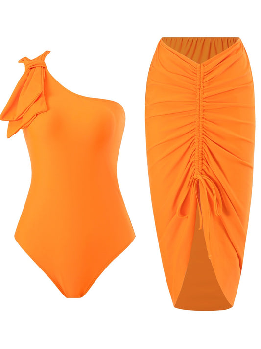 Dame Elegant Ént-piece Badedragt med asymmetrisk snit og raffineret indpakningsskørt Stilla