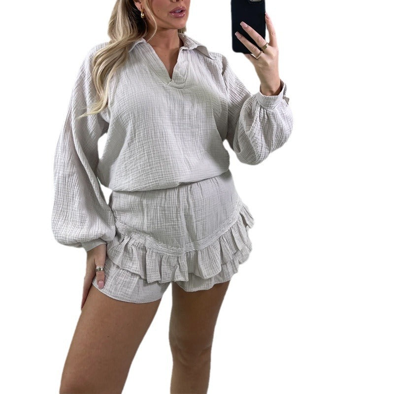 Dame fritidsbluser og shorts sæt med flæse detaljer Stilla